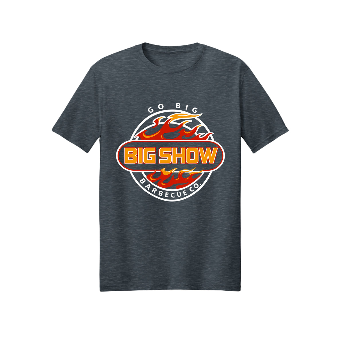 BigShow BBQ Gildan 3000 logo tee front print – Heather Navy