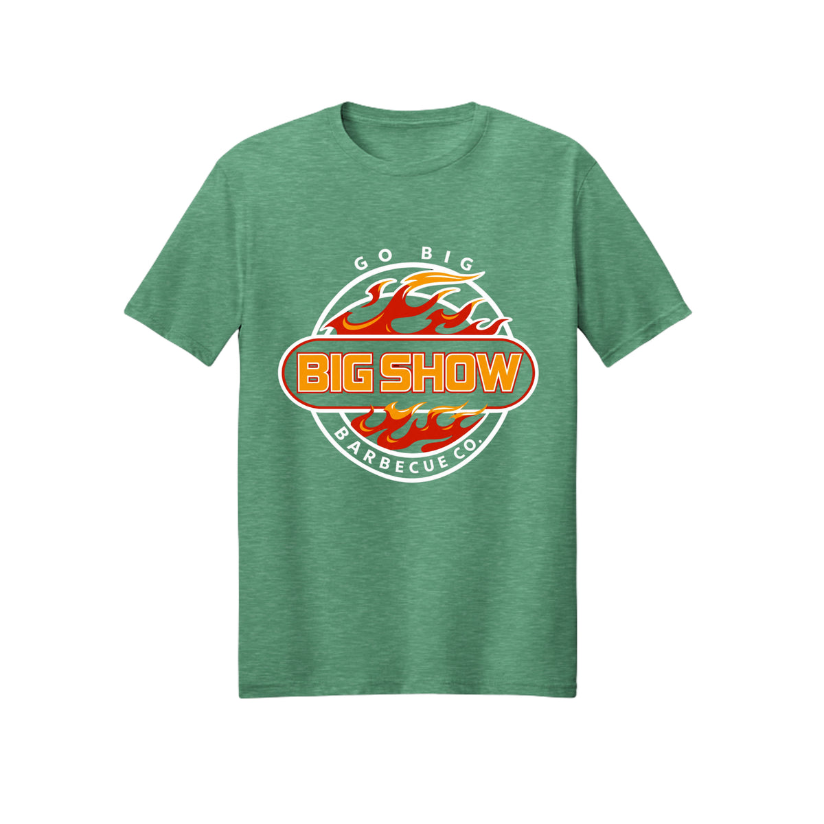 BigShow BBQ Gildan 3000 logo tee front print – Heather Irish Green