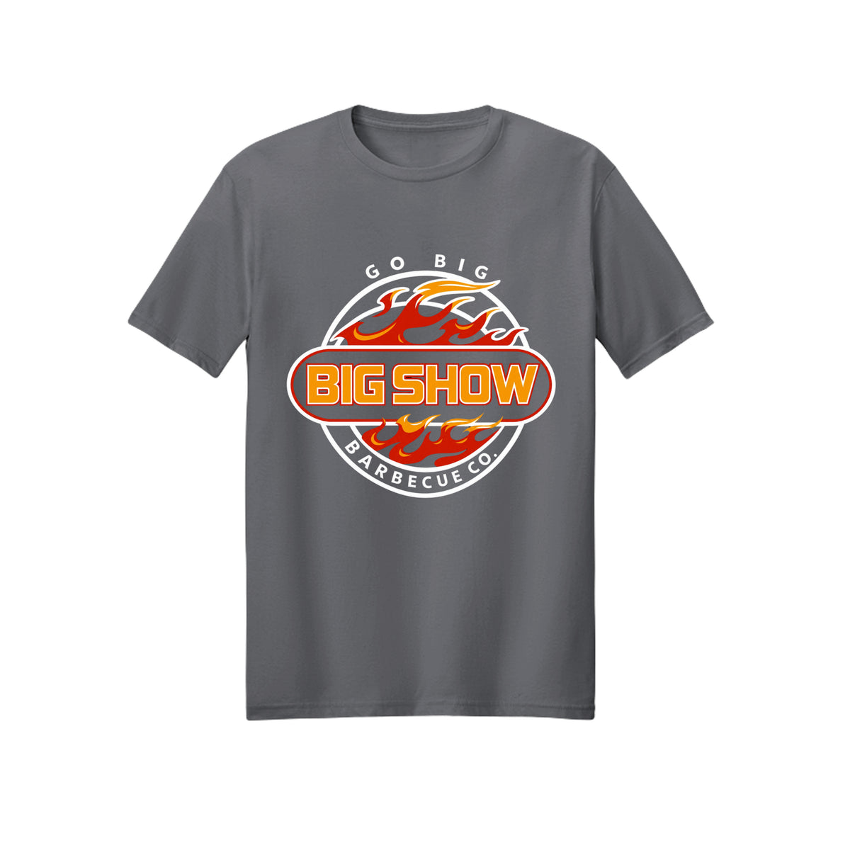 BigShow BBQ Gildan 3000 logo tee front print – Charcoal