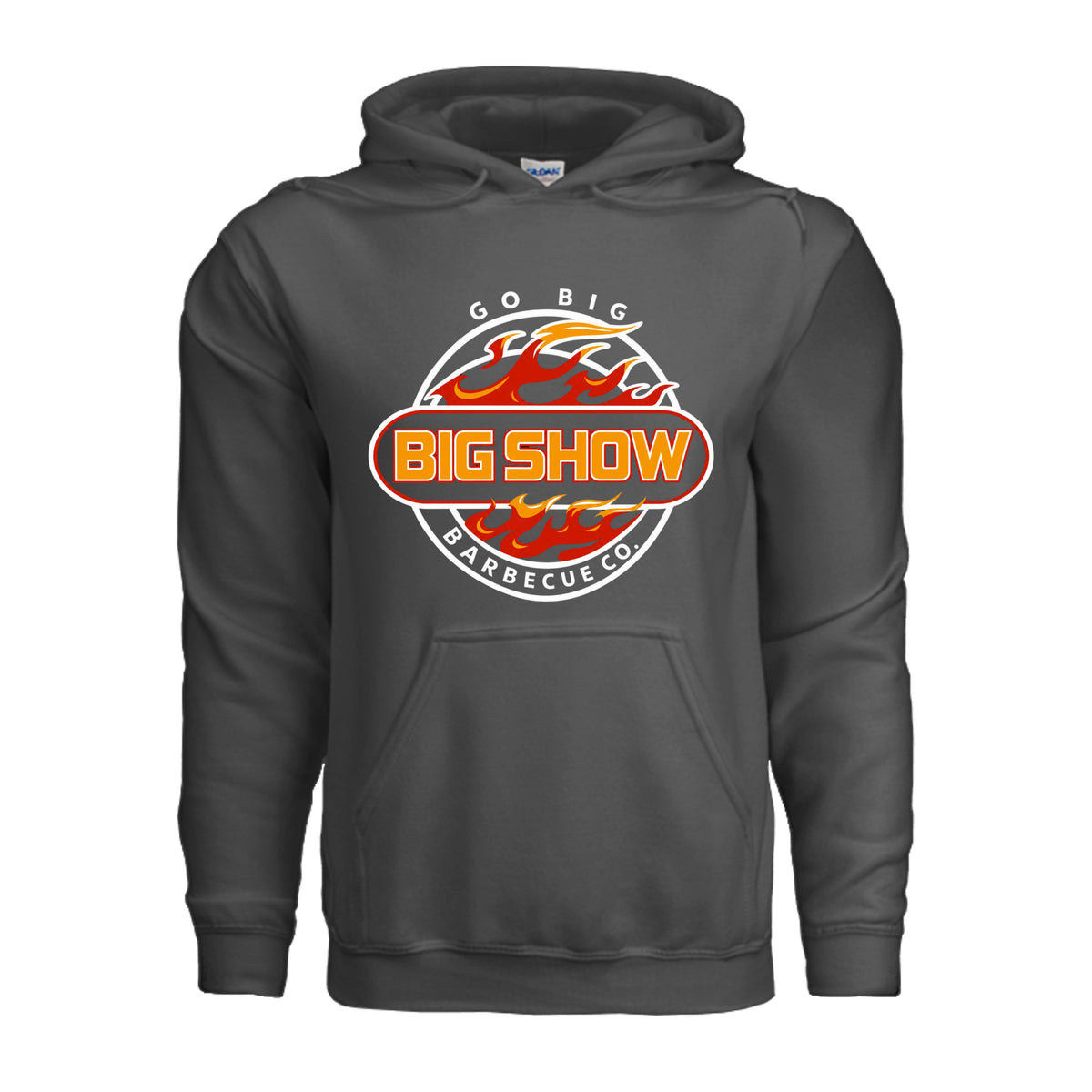BigShow BBQ pullover hoodie front logo on adult heavy blend – Charcoal