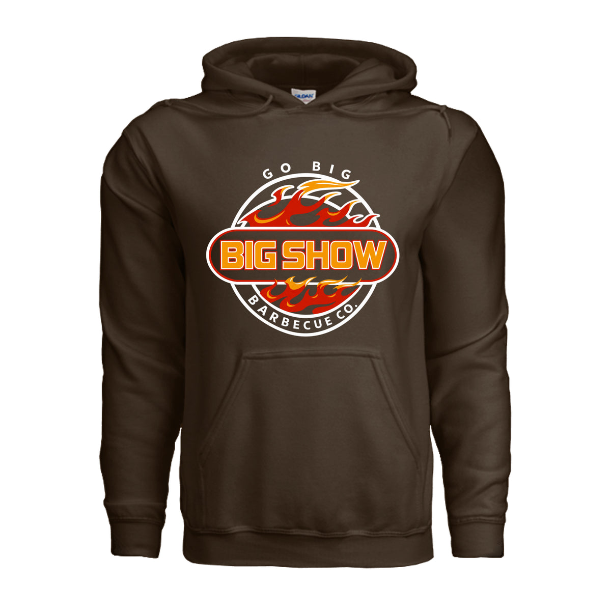 BigShow BBQ pullover hoodie front logo on adult heavy blend – Dark Chocolate