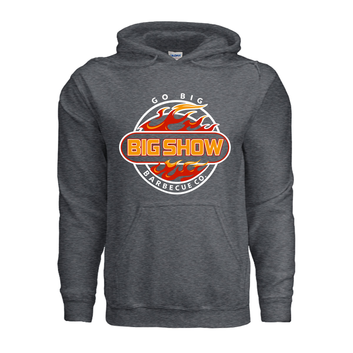 BigShow BBQ pullover hoodie front logo on adult heavy blend – Dark Heather