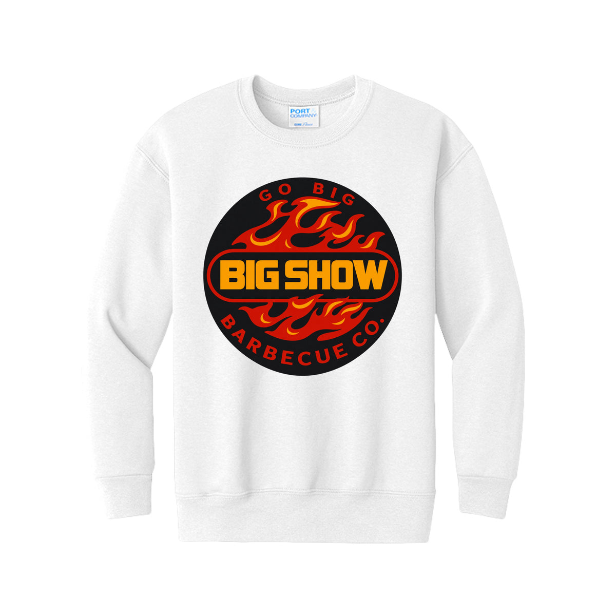 BigShow BBQ youth fleece crewneck sweatshirt with logo – White