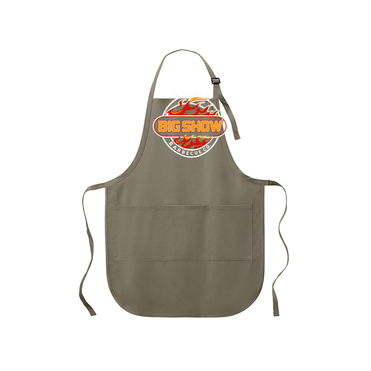 BigShow BBQ full-length bib apron with logo – Khaki