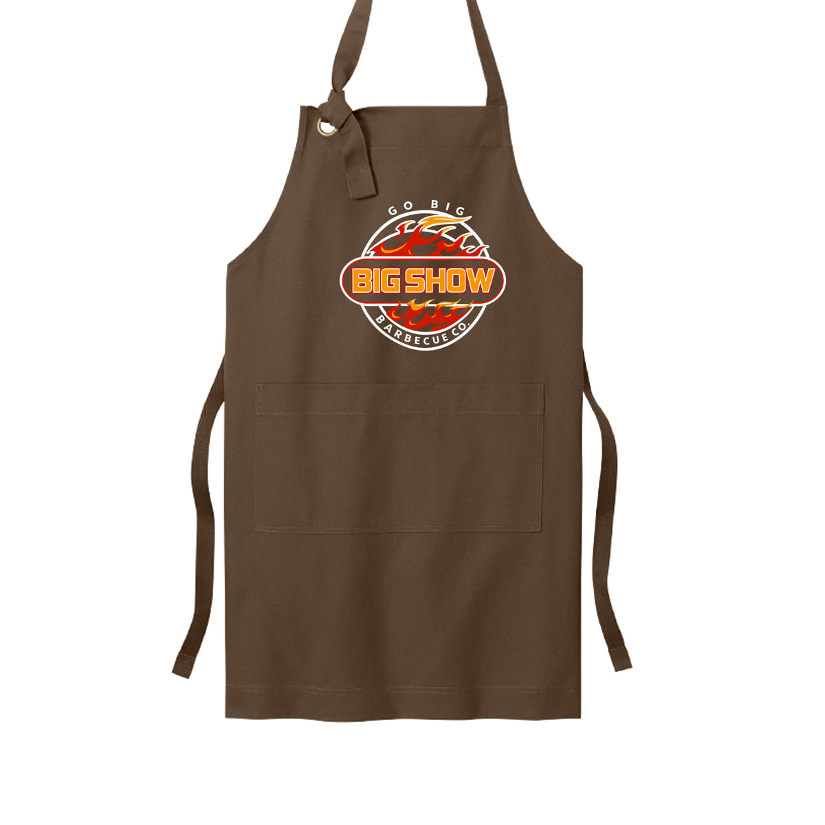 BigShow BBQ full-length bib apron with logo – Brown